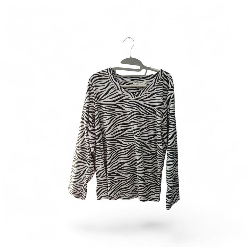 Hotel Spa Collection Zebra Print Fleece Pajama Top Long Sleeve V-Neck Size L